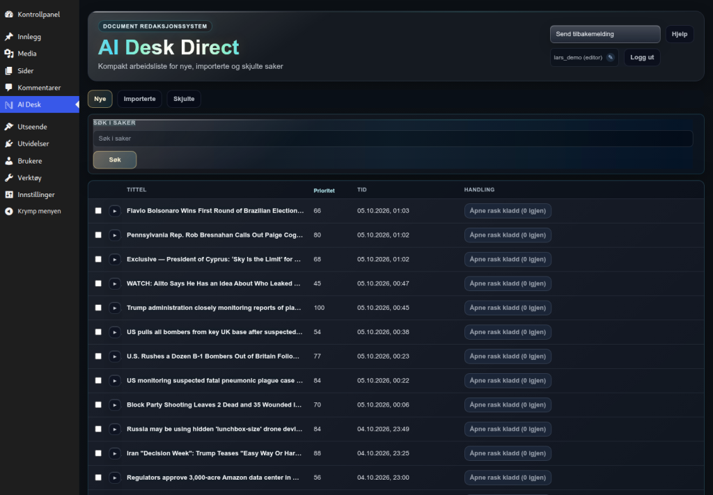 AI Desk Direct åpnet inne i WordPress med AI Desk valgt i administrasjonsmenyen
