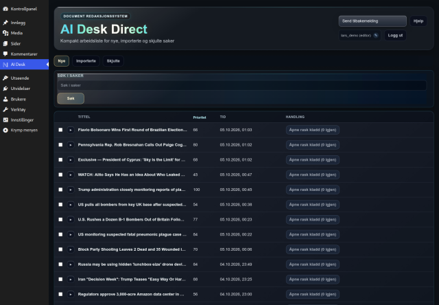AI Desk Direct åpnet inne i WordPress med AI Desk valgt i administrasjonsmenyen