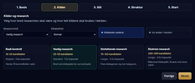 Dybdebrief med researchnivå, kildetetthet og visning av kildeboks