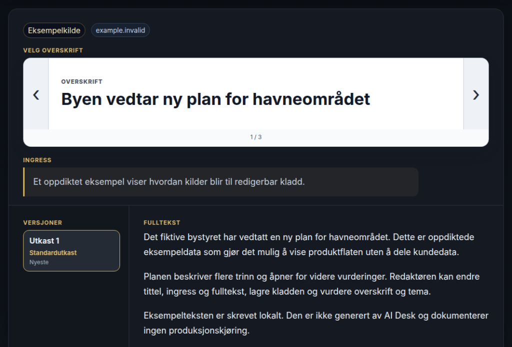 AI Desk-kladd med kilde, alternative overskrifter, ingress og versjoner