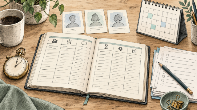Åpen loggbok for en pilot med stoppeklokke, deltakerkort, kalender og registreringsark.