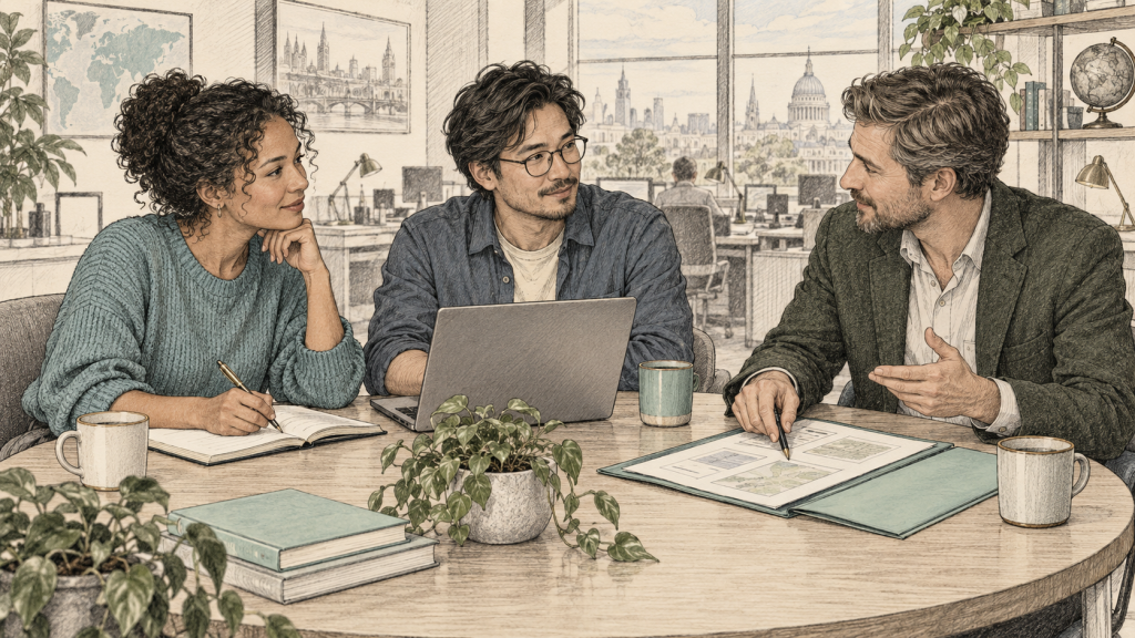 Illustrasjon av en journalist, en utvikler og en leder som samarbeider rundt et bord.