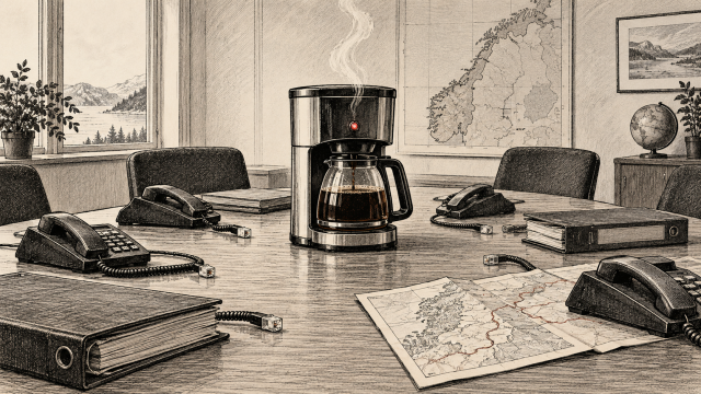 Satirisk tegning av en kaffetrakter i drift på et beredskapsbord med frakoblede telefoner og saksmapper.